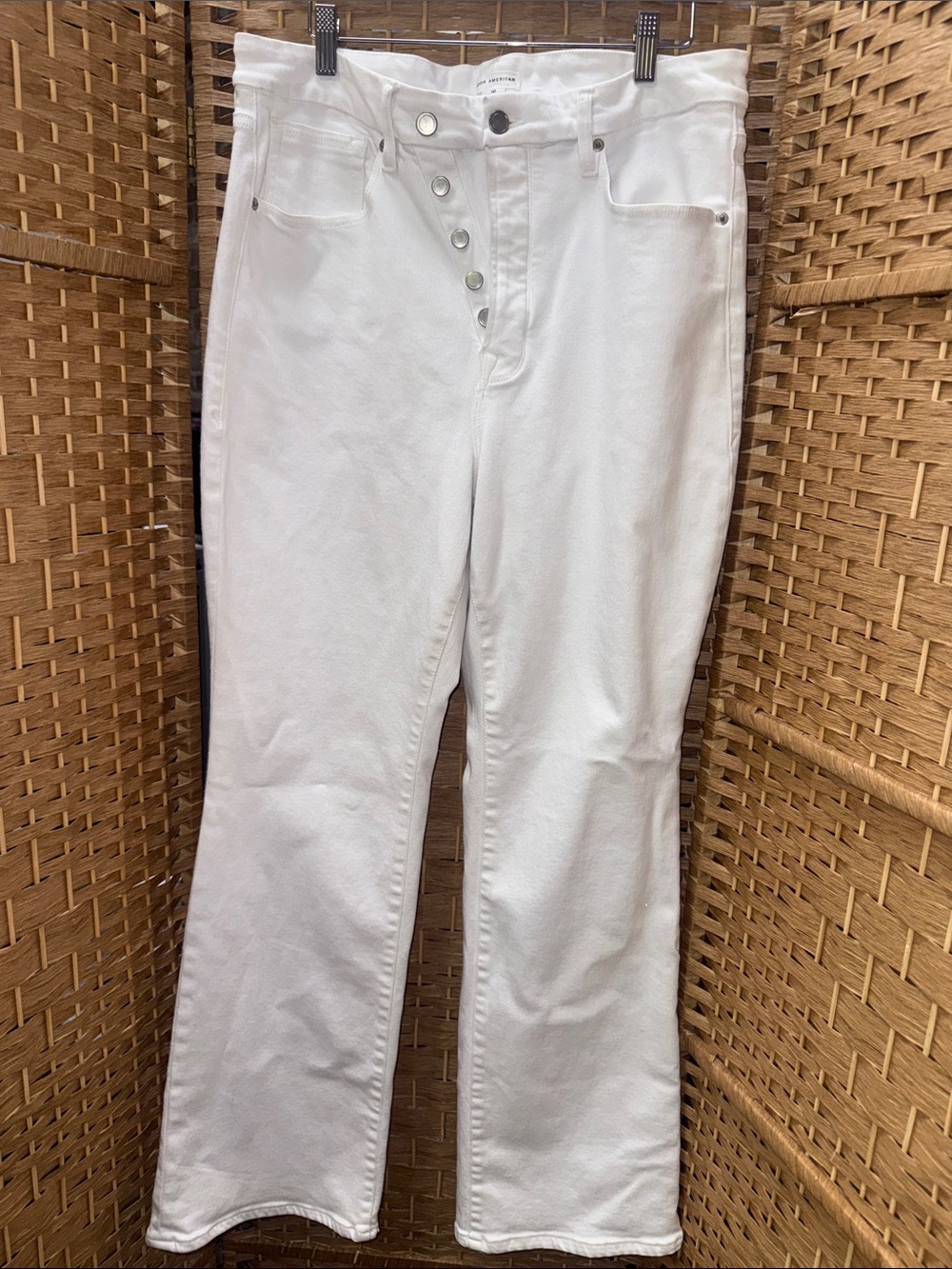 Good American exposed fly closure relaxed flare jeans